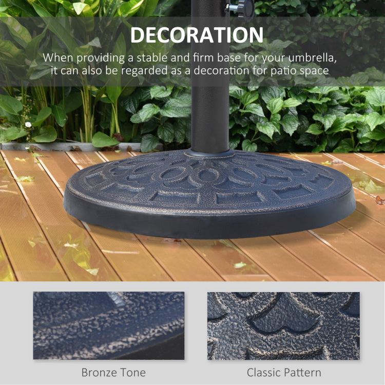 17" 26 Lbs Round Resin Umbrella Base Stand Market Parasol Holder With Beautiful Decorative Pattern & Easy Setup, For 1.5", 1.89" Pole, For Lawn, Deck, Backyard, Garden, Bronze