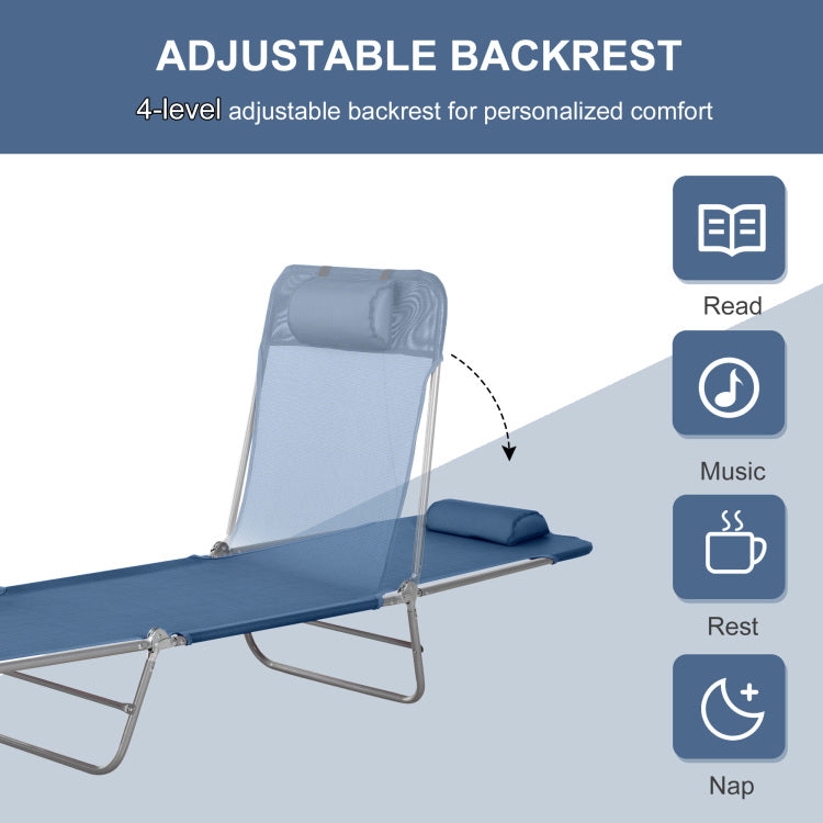 Folding Chaise Lounge Pool Chair, Patio Sun Tanning Chair, Outdoor Lounge Chair With 6 Position Reclining Back, Mesh Seat, And Headrest For Beach, Yard, Patio, Blue