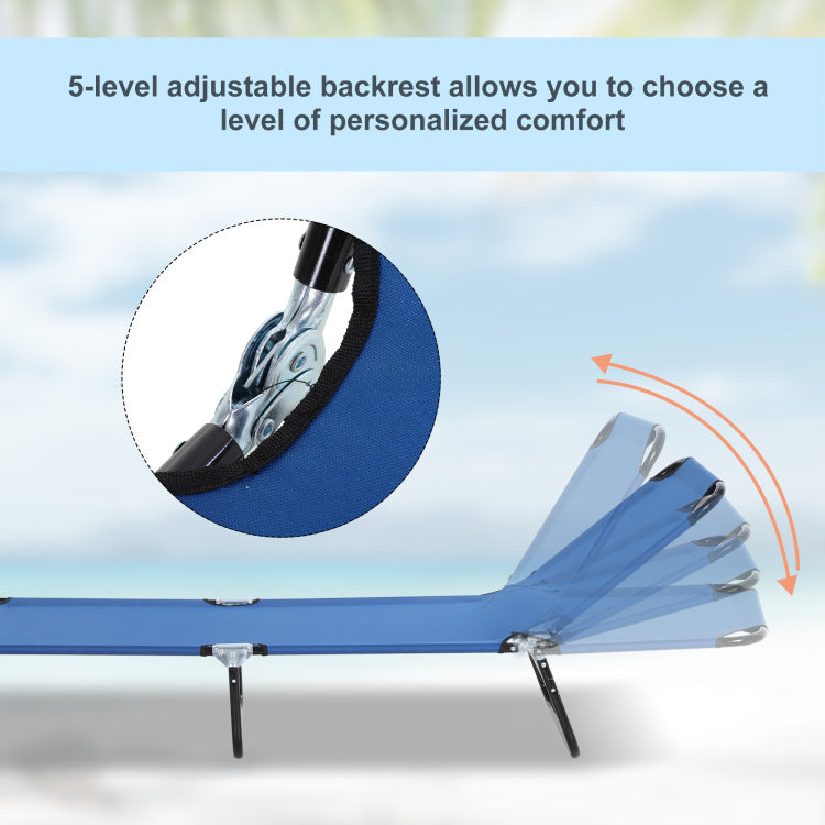 Folding Chaise Lounge Pool Chair, Patio Sun Tanning Chair, Outdoor Lounge Chair With 5 Positions Reclining Back, Oxford Fabric Seat For Beach, Yard, Patio, Blue