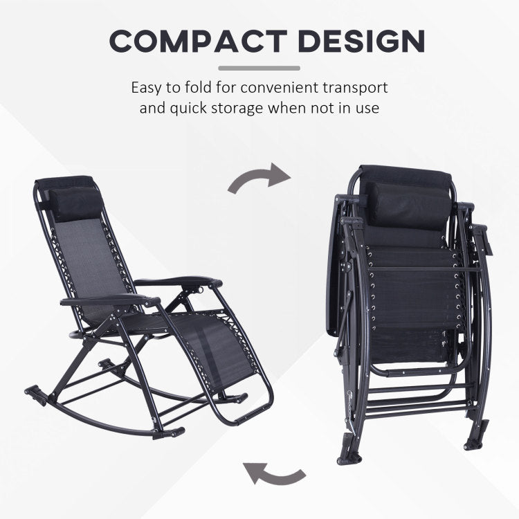 Outdoor Rocking Chairs, Foldable Reclining Anti Gravity Lounge Rocker W Pillow, Cup & Phone Holder, Combo Design W Folding Legs, Black