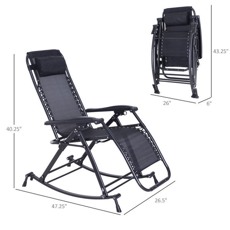 Outdoor Rocking Chairs, Foldable Reclining Anti Gravity Lounge Rocker W Pillow, Cup & Phone Holder, Combo Design W Folding Legs, Black
