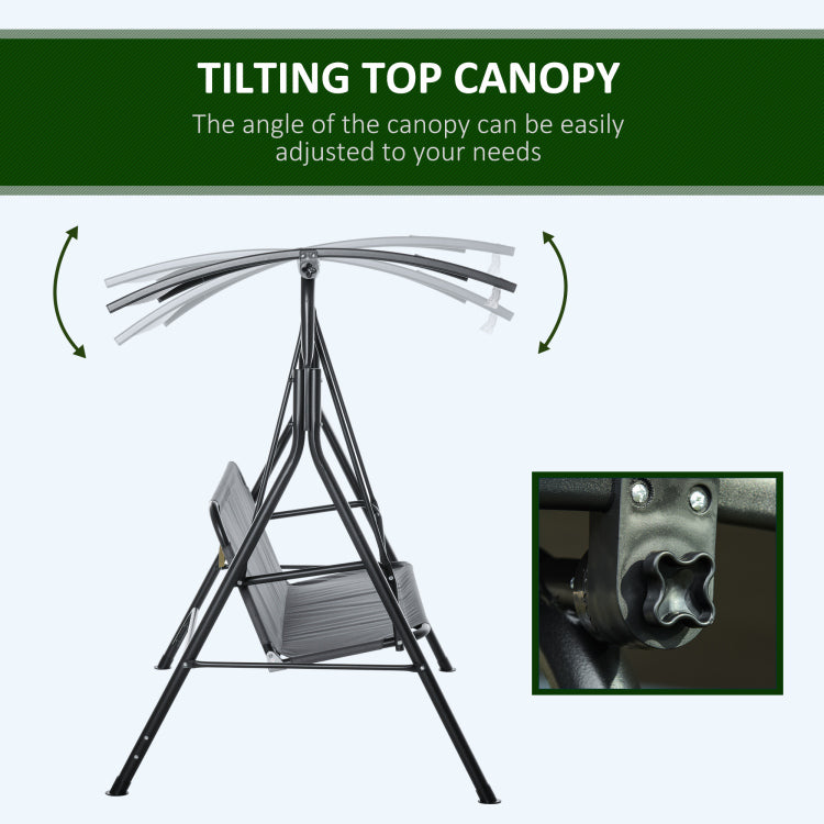 3 Person Porch Swing With Stand, Outdoor Swing For Patio Porch With Adjustable Tilt Canopy And Comfortable Swing Bench Style Seat, Steel Frame, Gray