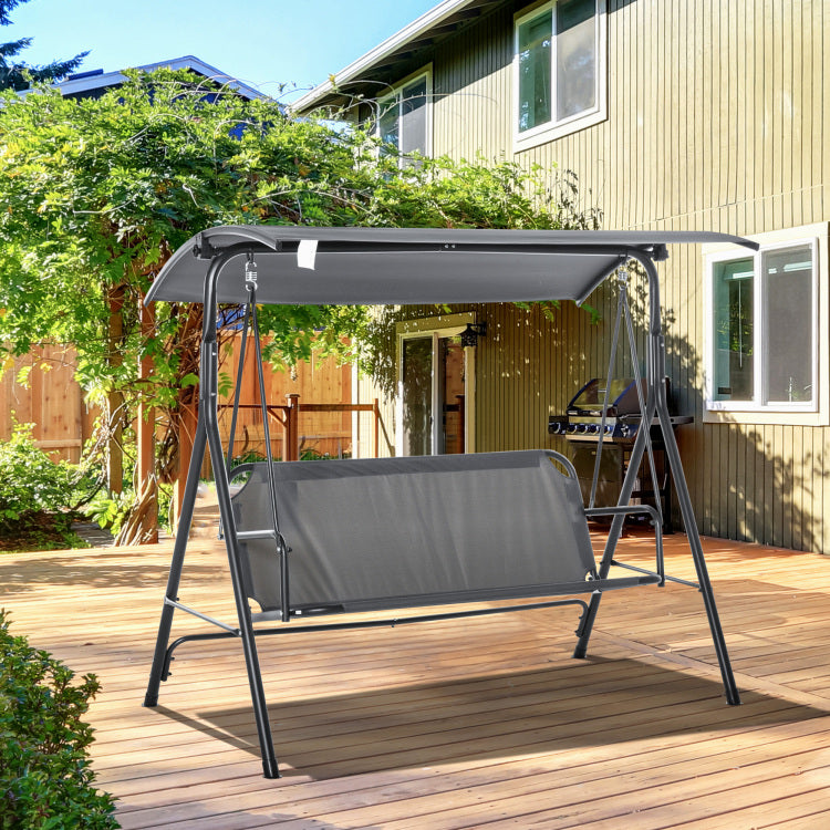 3 Person Porch Swing With Stand, Outdoor Swing For Patio Porch With Adjustable Tilt Canopy And Comfortable Swing Bench Style Seat, Steel Frame, Gray