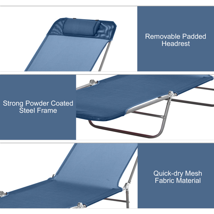 Folding Chaise Lounge Pool Chair, Patio Sun Tanning Chair, Outdoor Lounge Chair With 6 Position Reclining Back, Mesh Seat, And Headrest For Beach, Yard, Patio, Blue