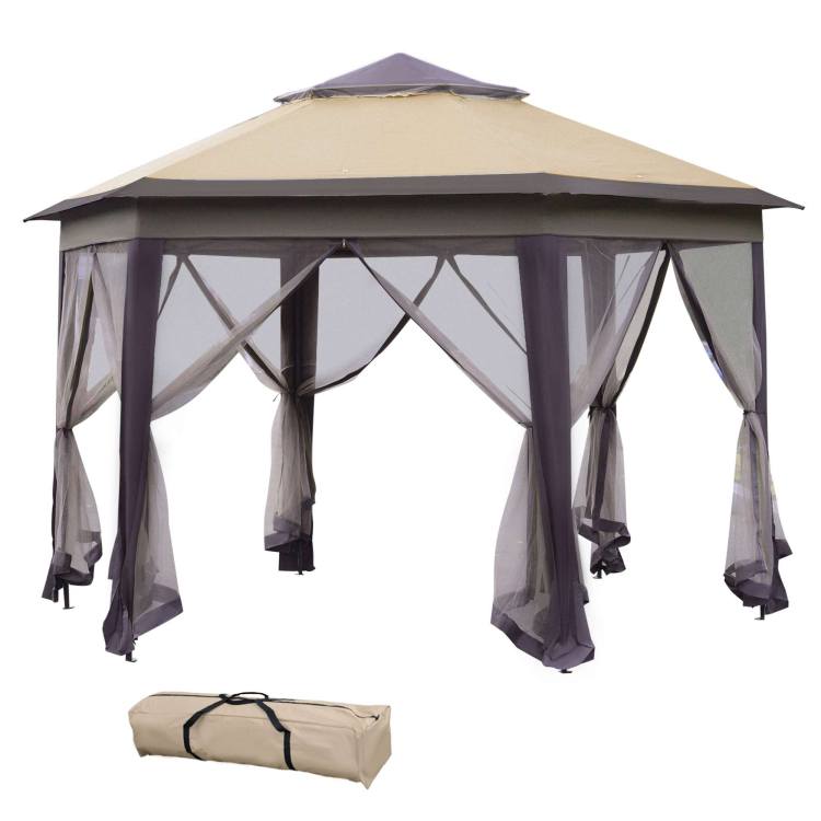 13' X 13' Pop Up Gazebo, Hexagonal Canopy Shelter With 6 Zippered Mesh Netting, Event Tent With Strong Steel Frame For Patio Backyard Garden Wedding Party