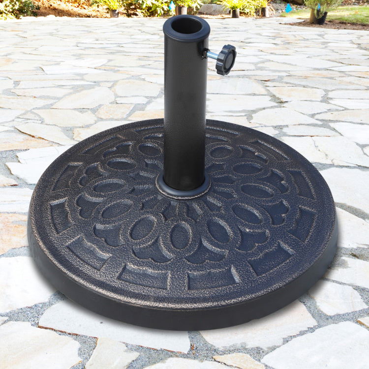 17" 26 Lbs Round Resin Umbrella Base Stand Market Parasol Holder With Beautiful Decorative Pattern & Easy Setup, For 1.5", 1.89" Pole, For Lawn, Deck, Backyard, Garden, Bronze
