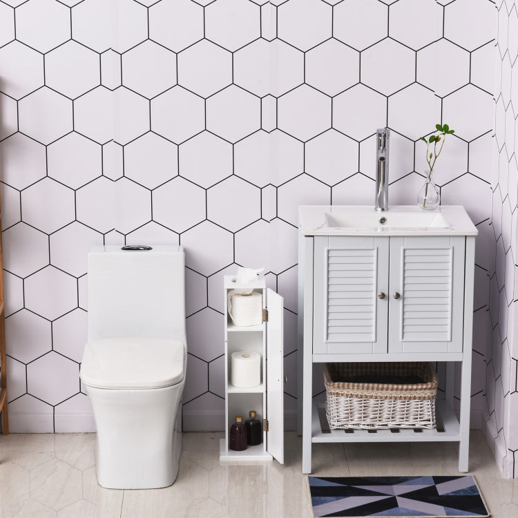 Toilet Paper Cabinet, Small Bathroom Corner Floor Cabinet With Doors And Shelves, Thin Storage Bathroom Organizer For Paper Shampoo, White