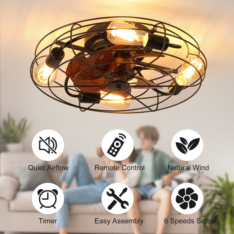 Caged With Light, 20'' Farmhouse Low Profile Lights With Remote Control, Modern Enclosed 4X E26 Bulb S With Reversible Motor Living Room Bedroom Kitchen, Black