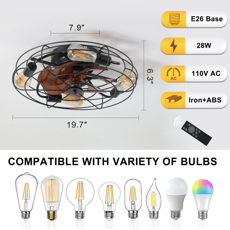 Caged With Light, 20'' Farmhouse Low Profile Lights With Remote Control, Modern Enclosed 4X E26 Bulb S With Reversible Motor Living Room Bedroom Kitchen, Black