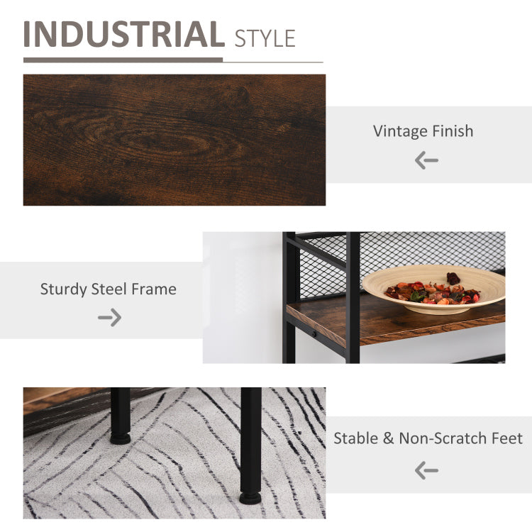3 Tier Console Table Industrial Style Storage Metal Wooden Shelf With A Robust Multi Functional Design & Adjustable Feet, Black