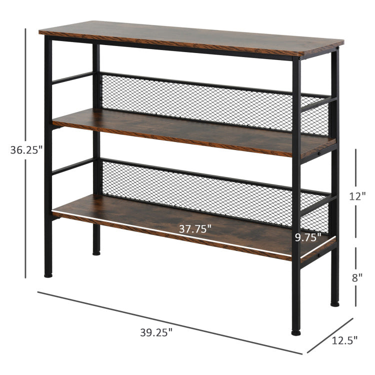 3 Tier Console Table Industrial Style Storage Metal Wooden Shelf With A Robust Multi Functional Design & Adjustable Feet, Black