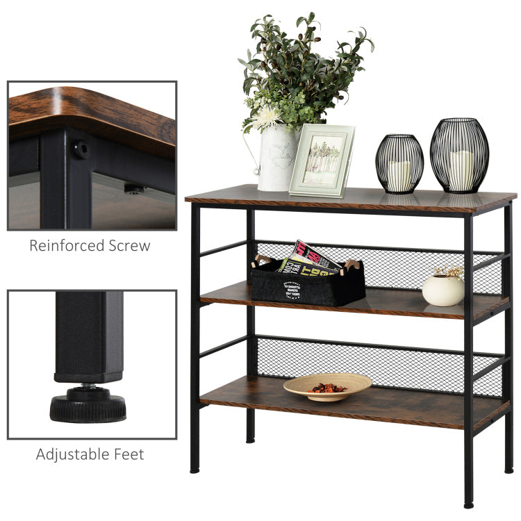 3 Tier Console Table Industrial Style Storage Metal Wooden Shelf With A Robust Multi Functional Design & Adjustable Feet, Black