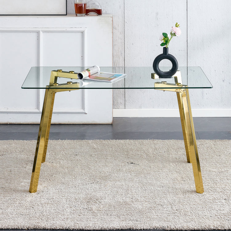 Modern Minimalist Style Rectangular Glass Dining Table With Tempered Glass Tabletop And Golden Metal Legs, Suitable For Kitchen, Dining Room, And Living Room, 51 " * 31.5 " * 29.5 " 1123