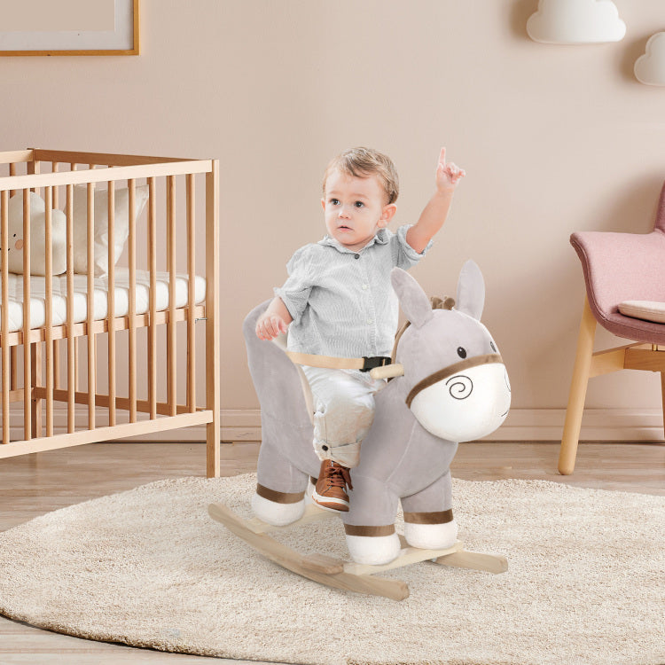 Kids Rocking Chair, Plush Ride On Rocking Horse Donkey With Sound, Wood Base Seat, Safety Belt, Baby Toddler Rocker Toy For 18 36 Months, Gray