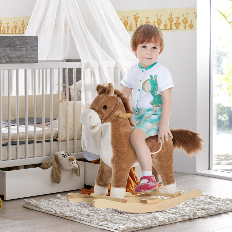 Rocking Horse Plush Animal On Wooden Rockers, Baby Rocking Chair With Sounds, Moving Mouth, Wagging Tail, Brown