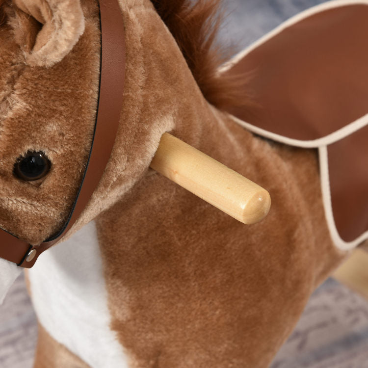 Rocking Horse Plush Animal On Wooden Rockers, Baby Rocking Chair With Sounds, Moving Mouth, Wagging Tail, Brown