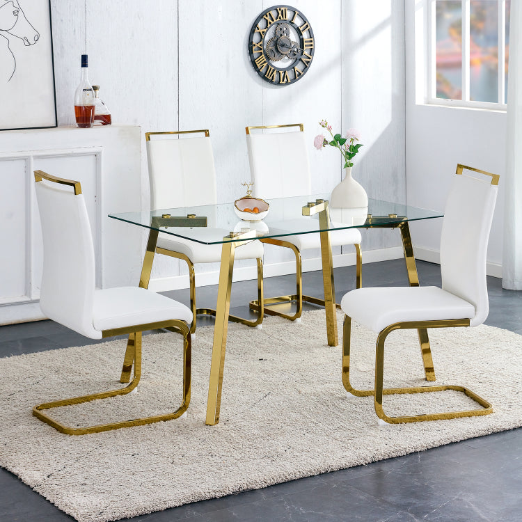 Modern Minimalist Style Rectangular Glass Dining Table With Tempered Glass Tabletop And Golden Metal Legs, Suitable For Kitchen, Dining Room, And Living Room, 51 " * 31.5 " * 29.5 " 1123
