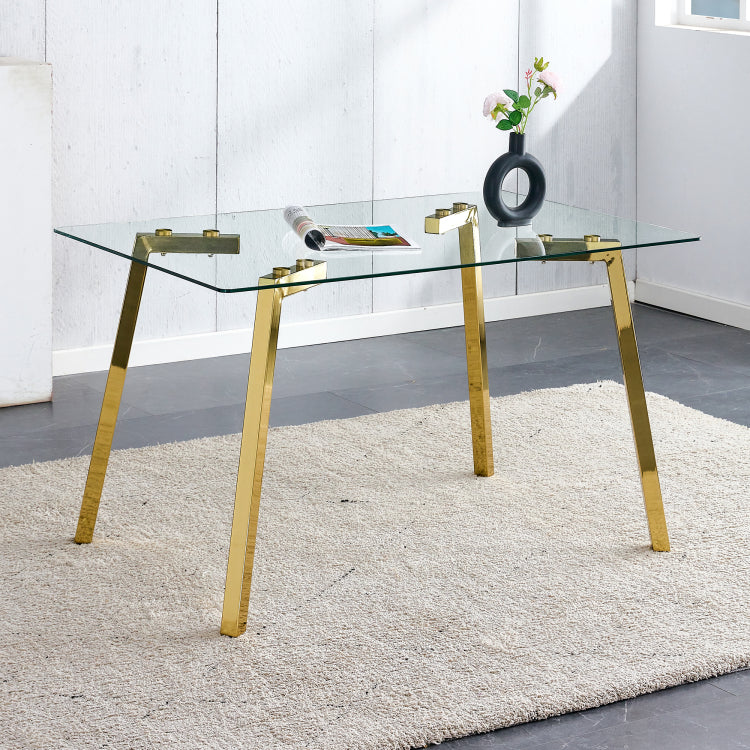 Modern Minimalist Style Rectangular Glass Dining Table With Tempered Glass Tabletop And Golden Metal Legs, Suitable For Kitchen, Dining Room, And Living Room, 51 " * 31.5 " * 29.5 " 1123