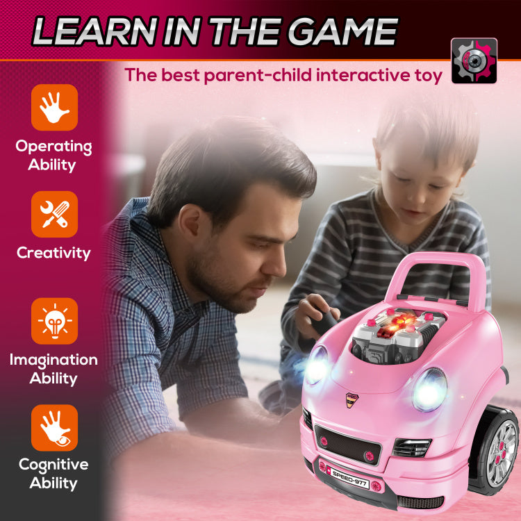 Mechanic Kids Truck Engine Toy Set, Car Service Playset, Engine Disassembly Play Workshop, Includes 61 Pieces, Steering Wheel, Horn, Light For 3 5 Years Old, Pink