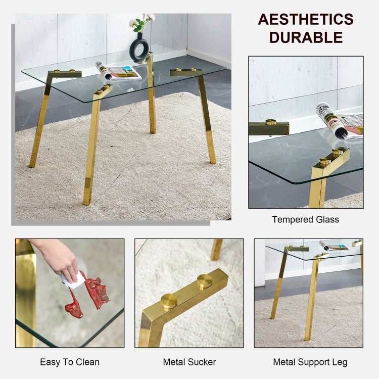 Modern Minimalist Style Rectangular Glass Dining Table With Tempered Glass Tabletop And Golden Metal Legs, Suitable For Kitchen, Dining Room, And Living Room, 51 " * 31.5 " * 29.5 " 1123