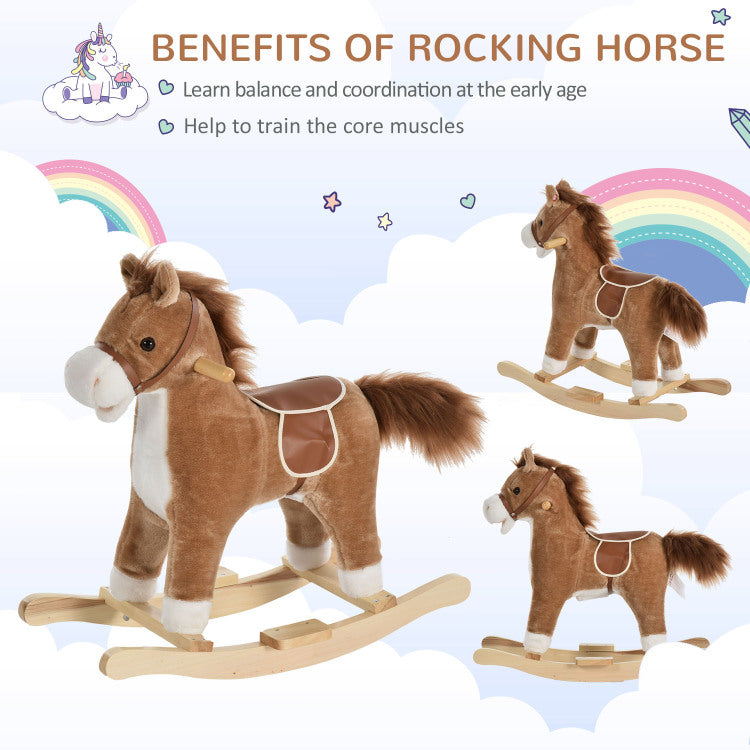 Rocking Horse Plush Animal On Wooden Rockers, Baby Rocking Chair With Sounds, Moving Mouth, Wagging Tail, Brown
