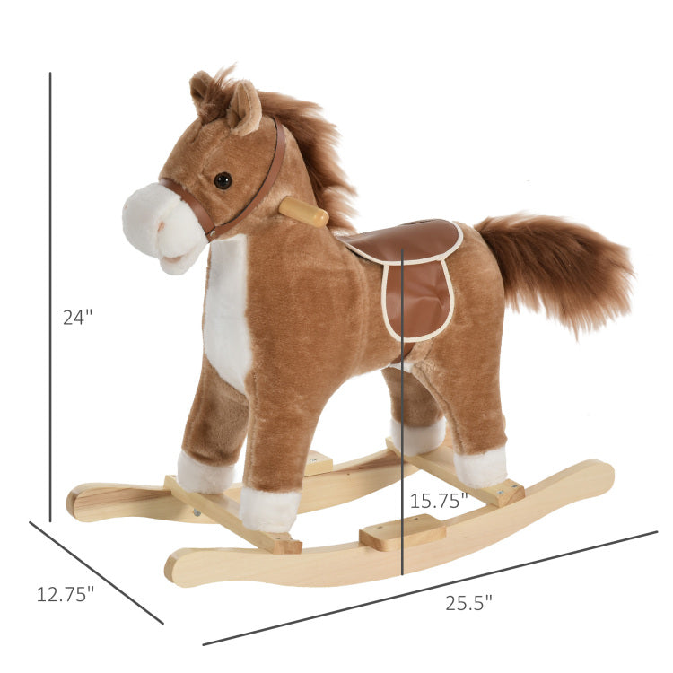Rocking Horse Plush Animal On Wooden Rockers, Baby Rocking Chair With Sounds, Moving Mouth, Wagging Tail, Brown