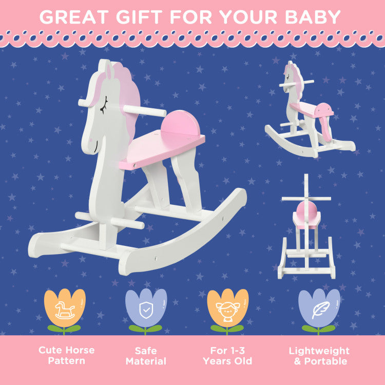 Little Wooden Rocking Horse Toy For Kids' Imaginative Play, Children'S Small Baby Rocking Horse Ride On Toy For Toddlers 1 3, Pink And White