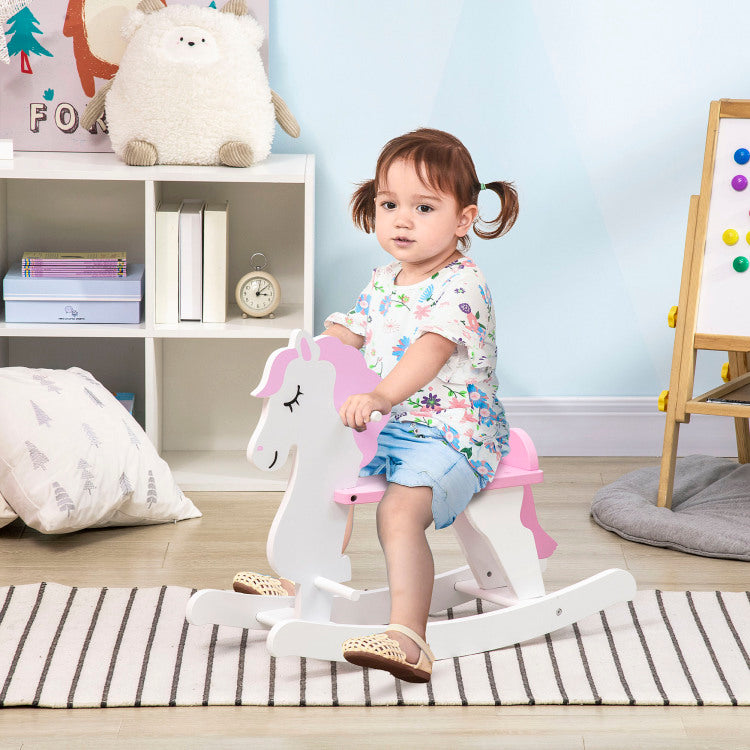 Little Wooden Rocking Horse Toy For Kids' Imaginative Play, Children'S Small Baby Rocking Horse Ride On Toy For Toddlers 1 3, Pink And White