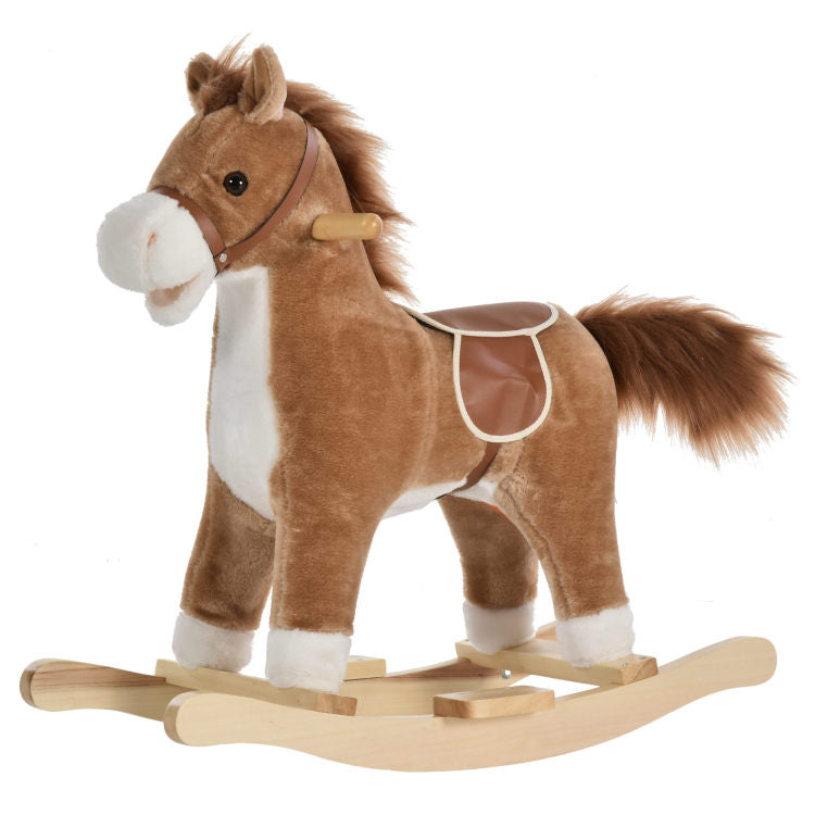 Rocking Horse Plush Animal On Wooden Rockers, Baby Rocking Chair With Sounds, Moving Mouth, Wagging Tail, Brown