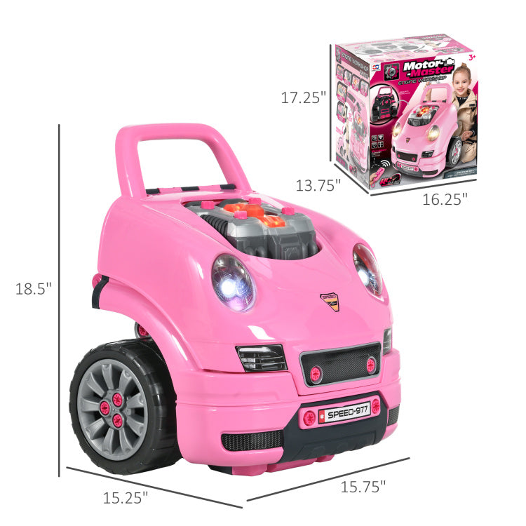 Mechanic Kids Truck Engine Toy Set, Car Service Playset, Engine Disassembly Play Workshop, Includes 61 Pieces, Steering Wheel, Horn, Light For 3 5 Years Old, Pink