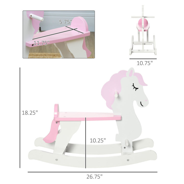 Little Wooden Rocking Horse Toy For Kids' Imaginative Play, Children'S Small Baby Rocking Horse Ride On Toy For Toddlers 1 3, Pink And White