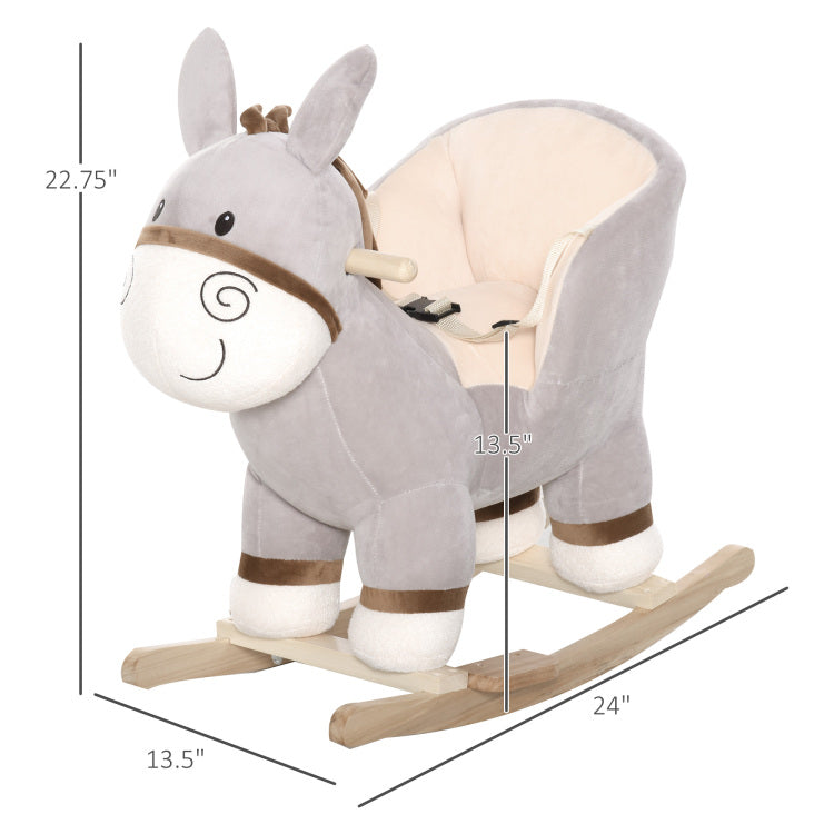 Kids Rocking Chair, Plush Ride On Rocking Horse Donkey With Sound, Wood Base Seat, Safety Belt, Baby Toddler Rocker Toy For 18 36 Months, Gray