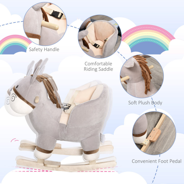 Kids Rocking Chair, Plush Ride On Rocking Horse Donkey With Sound, Wood Base Seat, Safety Belt, Baby Toddler Rocker Toy For 18 36 Months, Gray