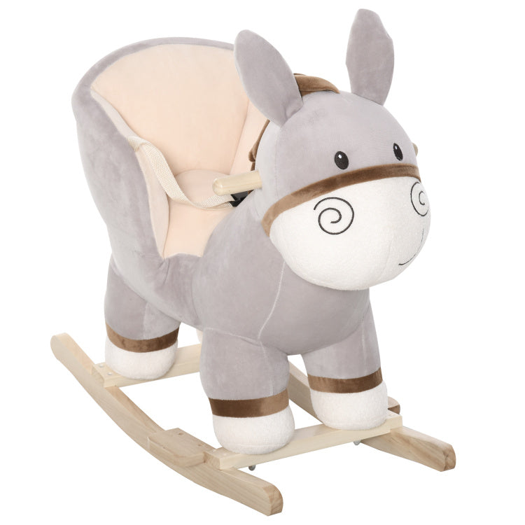 Kids Rocking Chair, Plush Ride On Rocking Horse Donkey With Sound, Wood Base Seat, Safety Belt, Baby Toddler Rocker Toy For 18 36 Months, Gray