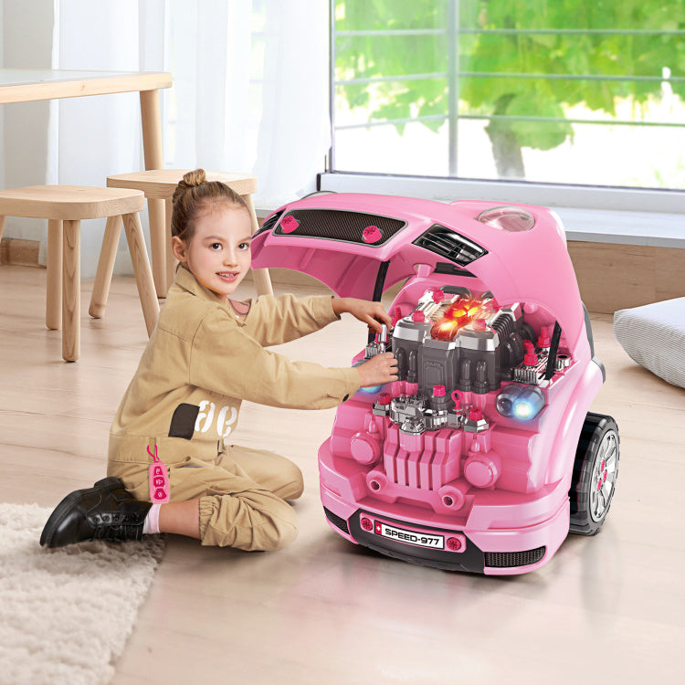 Mechanic Kids Truck Engine Toy Set, Car Service Playset, Engine Disassembly Play Workshop, Includes 61 Pieces, Steering Wheel, Horn, Light For 3 5 Years Old, Pink