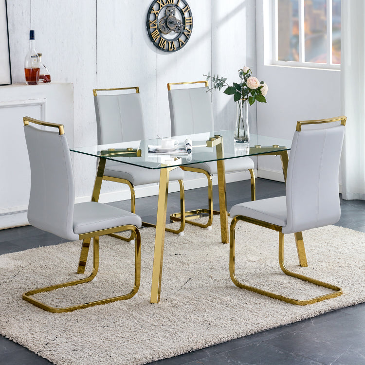 Modern Minimalist Style Rectangular Glass Dining Table With Tempered Glass Tabletop And Golden Metal Legs, Suitable For Kitchen, Dining Room, And Living Room, 51 " * 31.5 " * 29.5 " 1123