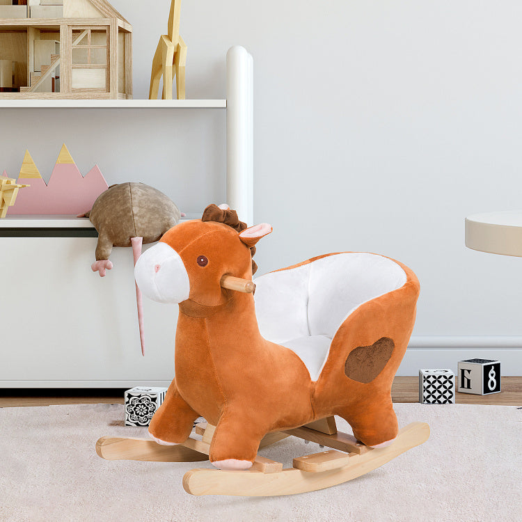 Kids Ride On Rocking Horse, Plush Animal Toy Sturdy Wooden Rocker With Songs For Boys Or Girls