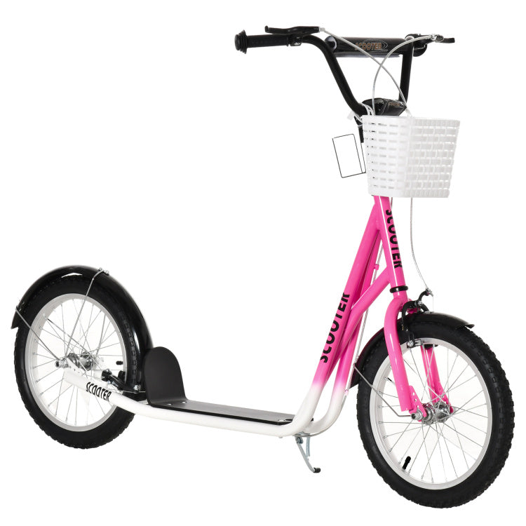 Youth Scooter, Kick Scooter With Adjustable Handlebars, Double Brakes, 16" Inflatable Rubber Tires, Basket, Cupholder, Pink