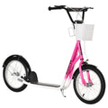 Youth Scooter, Kick Scooter With Adjustable Handlebars, Double Brakes, 16" Inflatable Rubber Tires, Basket, Cupholder, Pink