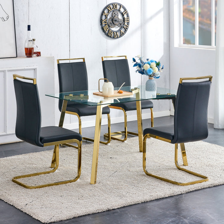 Modern Minimalist Style Rectangular Glass Dining Table With Tempered Glass Tabletop And Golden Metal Legs, Suitable For Kitchen, Dining Room, And Living Room, 51 " * 31.5 " * 29.5 " 1123
