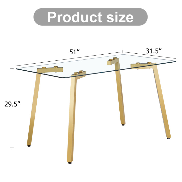 Modern Minimalist Style Rectangular Glass Dining Table With Tempered Glass Tabletop And Golden Metal Legs, Suitable For Kitchen, Dining Room, And Living Room, 51 " * 31.5 " * 29.5 " 1123