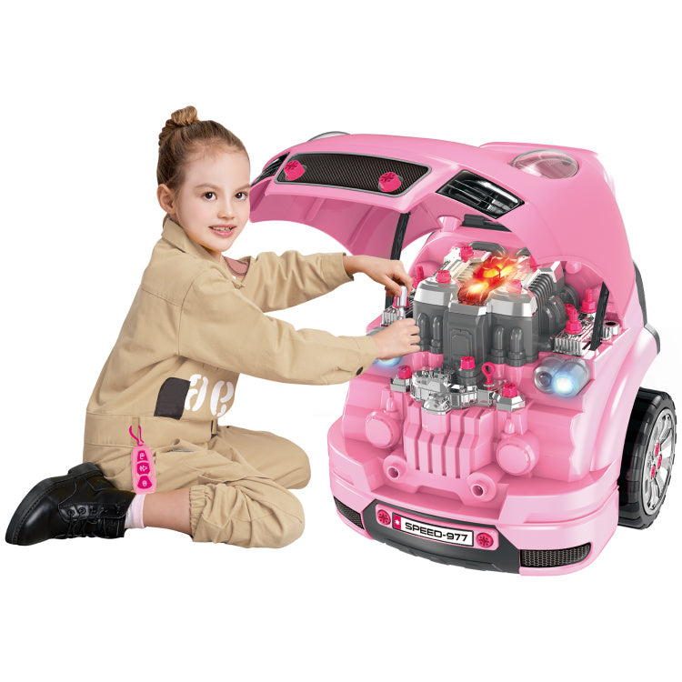 Mechanic Kids Truck Engine Toy Set, Car Service Playset, Engine Disassembly Play Workshop, Includes 61 Pieces, Steering Wheel, Horn, Light For 3 5 Years Old, Pink