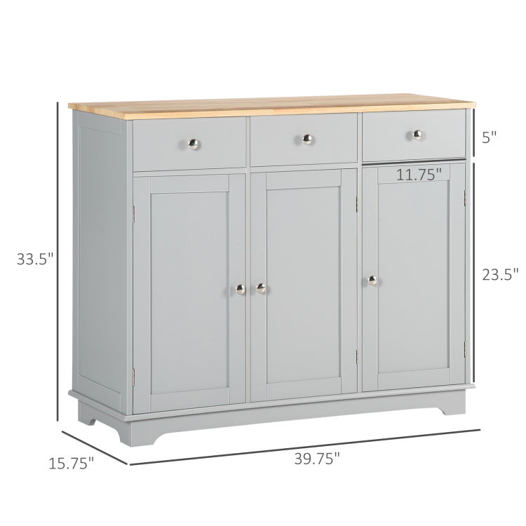 Sideboard Buffet Cabinet With Drawers, Kitchen Cabinet, Coffee Bar Cabinet With Rubberwood Top And Adjustable Shelves For Living Room, Kitchen, Gray