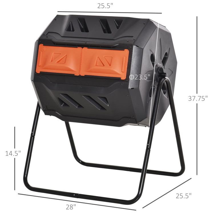 Tumbling Compost Bin Outdoor 360 Dual Chamber Rotating Composter 43 Gallon, Orange
