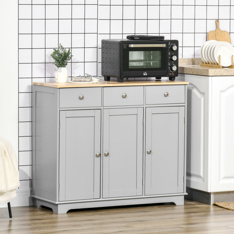 Sideboard Buffet Cabinet With Drawers, Kitchen Cabinet, Coffee Bar Cabinet With Rubberwood Top And Adjustable Shelves For Living Room, Kitchen, Gray