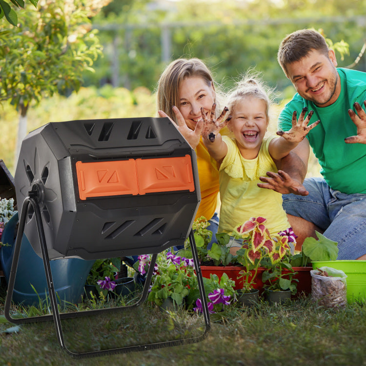 Tumbling Compost Bin Outdoor 360 Dual Chamber Rotating Composter 43 Gallon, Orange