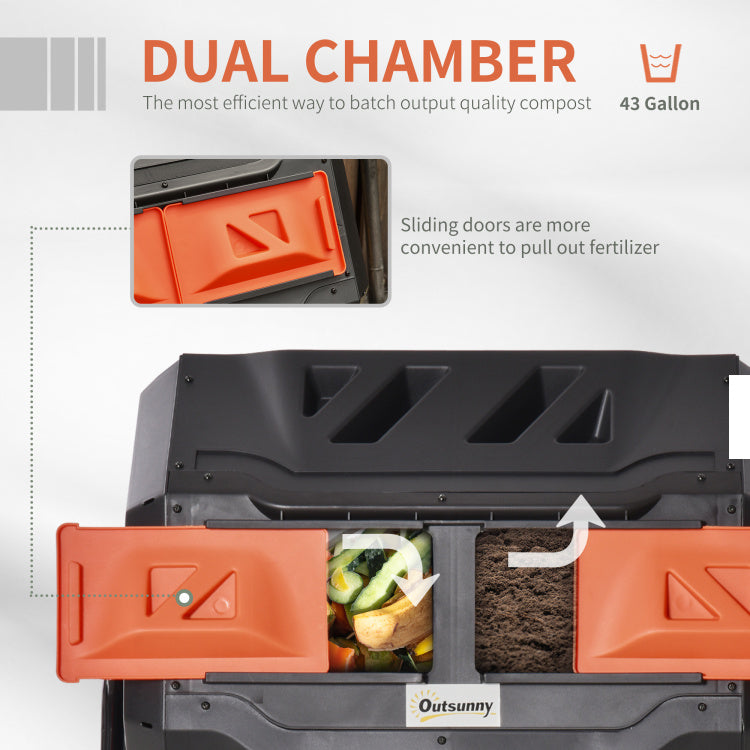 Tumbling Compost Bin Outdoor 360 Dual Chamber Rotating Composter 43 Gallon, Orange