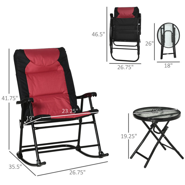 3 Piece Outdoor Patio Furniture Set With Glass Coffee Table & 2 Folding Padded Rocking Chairs, Bistro Style For Porch, Camping, Balcony, Red