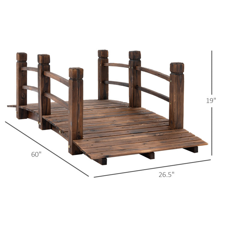 Fir Wood Garden Bridge Arc Walkway With Side Railings For Backyards, Gardens, And Streams, Stained Wood, 60" X 26.5" X 19"