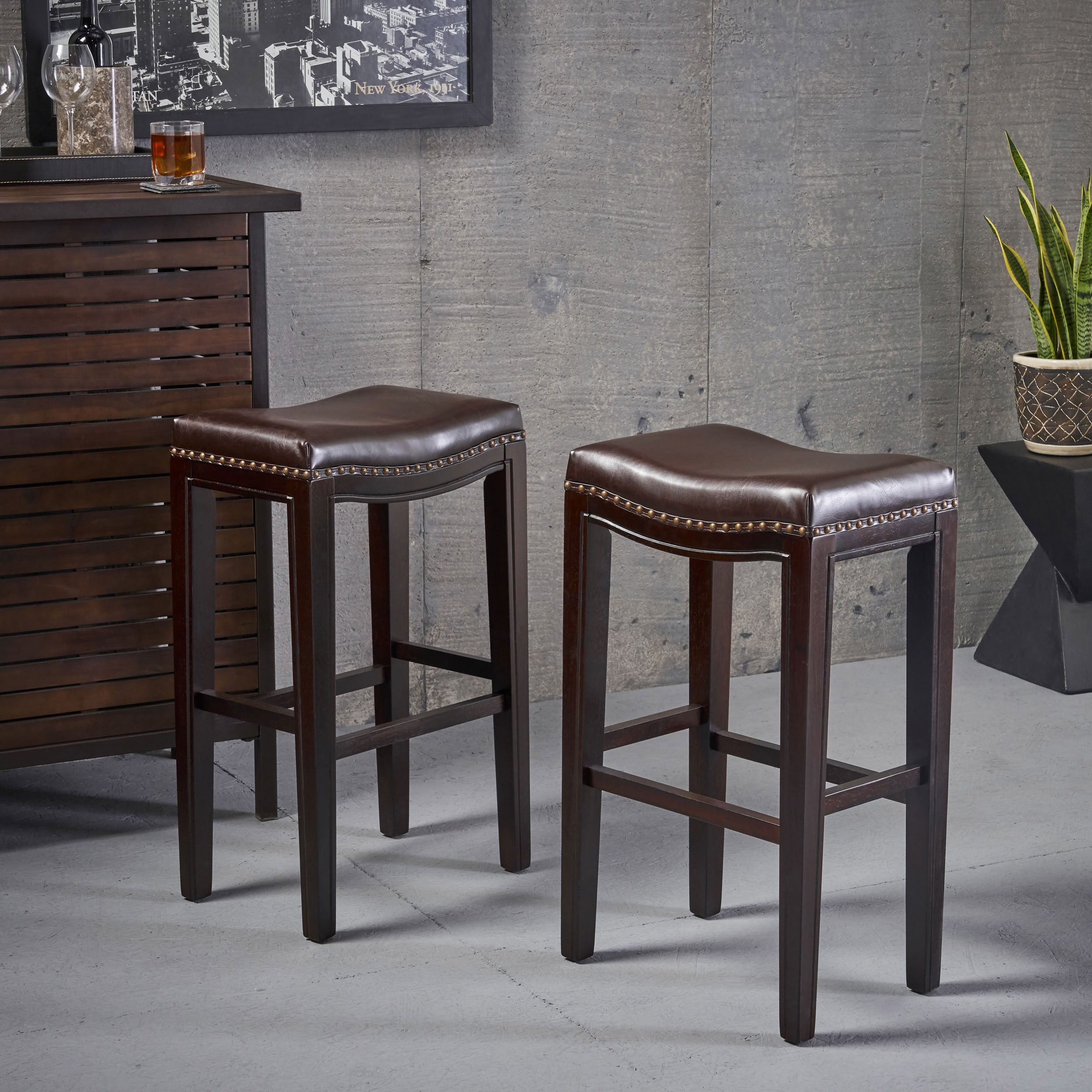 TIFFIN STUDDED BARSTOOL Set of 2 brown - pu